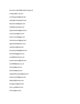henrietta.metcalfe@mobile.ukti.gov.uk.
k.hopper@fcs-rail.com.
srivittalexports@gmail.com
sathya@srivittalexports.com
domotexindia@gmail.com
info@domotexindia.com
nigelclutterbuck@gmail.com
contremove@gmail.com
hannes.fuchs@egger.com
silvanoconcrem@gmail.com
agratahealth@yahoo.co.uk
nyboahene@gmail.com
jennychisomblog@gmail.com
foxoildrilling@gmail.com
neils@bbltechnical.co.uk
schoolsimprove@gmail.com
rosef2004@yahoo.co.uk
anlnyati@gmail.com
abarshall@gmail.com
sanghadelbuenayre@gmail.com
bullshannon79@gmail.com
dbobo31@hotmail.com
skmagazine@gmail.com.
samir_ayad@mail.com
mufti.s@gmail.com
 