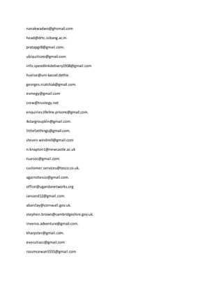 nanakwadwo@ghsmail.com
head@drtc.isibang.ac.in.
pratapgr8@gmail.com.
ubiquiticeo@gmail.com
info.speedlinkdelivery1938@gmail.com
huelse@uni-kassel.dethis
georges.niatchak@gmail.com.
esmegy@gmail.com
crew@trustegy.net
enquiries.lifeline.prisons@gmail.com.
4stargroupkln@gmail.com.
littlefatthings@gmail.com.
steven.windmill@gmail.com
n.knapton1@newcastle.ac.uk
nuesoc@gmail.com.
customer.services@tesco.co.uk.
againsttesco@gmail.com.
office@ugandanetworks.org
iansand12@gmail.com.
abarclay@cornwall.gov.uk.
stephen.brown@cambridgeshire.gov.uk.
invenio.adventure@gmail.com.
kharpster@gmail.com.
executiacc@gmail.com
rossmcewan5555@gmail.com
 