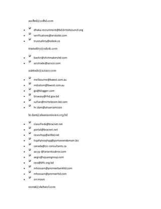 aeclhrd@colbd.com
 dhaka.recruitment@bd.britishcouncil.org
 verifications@aristotle.com
 trustsafety@odesk.co
trustsafety@odesk.com
 bashir@shirtmakersltd.com
 aziztrade@azizco.com
aziztrade@azizco.com
 melbourne@bwest.com.au
 mdzalom@bwest.com.au
 go@blogger.com
 biswasy@rhd.gov.bd
 sufian@mirtelecom-bd.com
 hr.dam@ahsaniamissio
hr.dam@ahsaniamission.org.bd
 classifieds@bracnet.net
 portal@bracnet.net
 resevhop@aitlbd.net
 tiqafqtvoqhqq@portsevendomain.biz
 canada@cic-consultants.ca
 aa.yy-@larsentoubros.com
 aegis@squaregroup.com
 ceo@bfti.org.bd
 mhossain@premierbankltd.com
 mhossain@premierltd.com
 zinmoon
recruit@shebatel.com
 