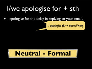 I/we apologise for + sth
• I apologise for the delay in replying to your email.
I apologise for + noun/V+ingI apologise for + noun/V+ing
Neutral - Formal
 