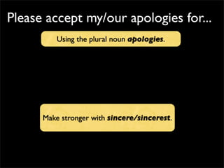 Please accept my/our apologies for...
Make stronger with sincere/sincerest.
Using the plural noun apologies.
 