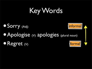 Key Words
•Sorry (Adj)
•Apologise (V) apologies (plural noun)
•Regret (V) formal
informal
 