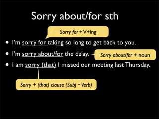Sorry about/for sth
• I’m sorry for taking so long to get back to you.
• I’m sorry about/for the delay.
• I am sorry (that) I missed our meeting last Thursday.
Sorry for +V+ing
Sorry about/for + noun
Sorry + (that) clause (Subj +Verb)
 