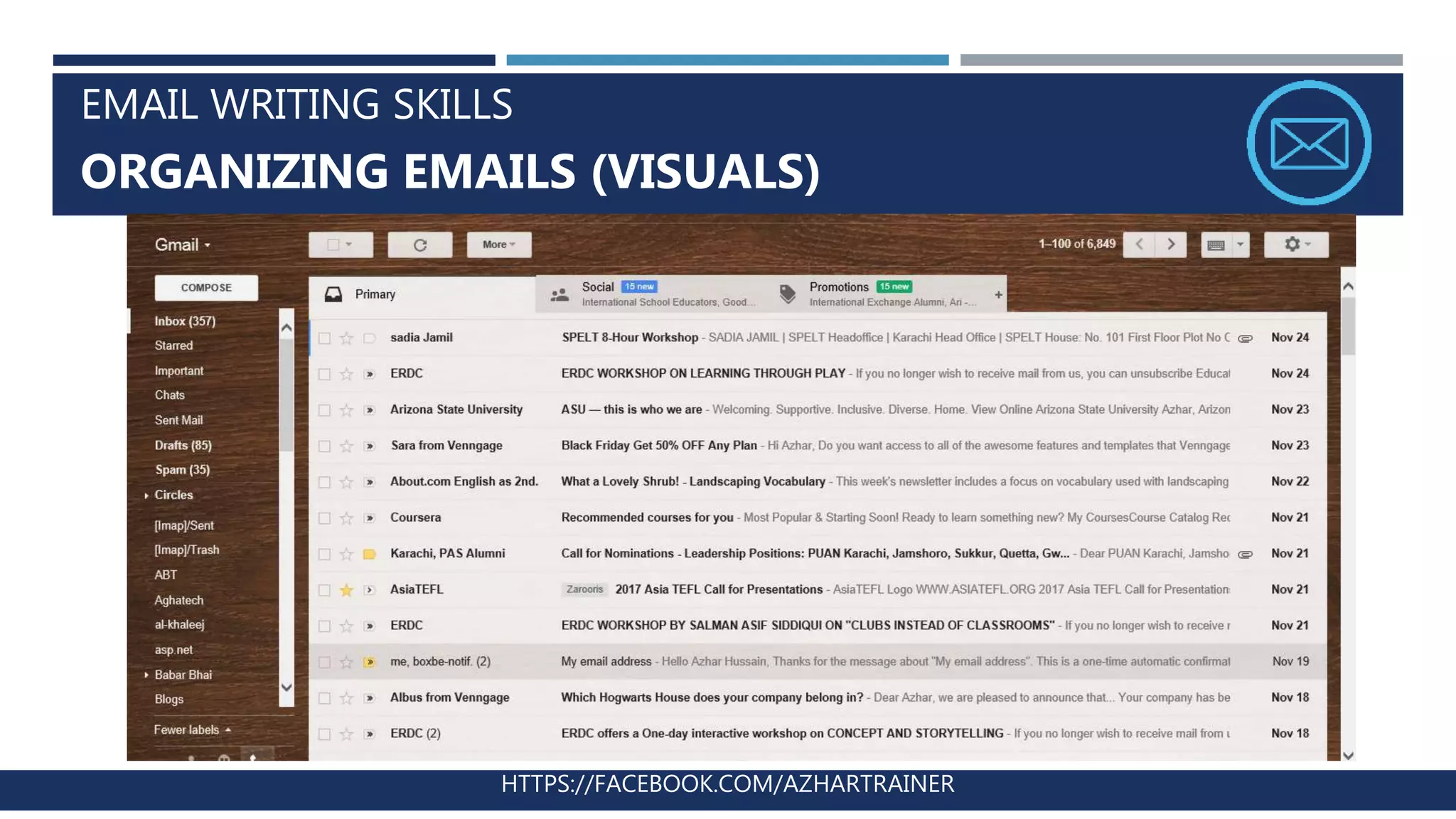 EMAIL WRITING SKILLS
ORGANIZING EMAILS (VISUALS)
HTTPS://FACEBOOK.COM/AZHARTRAINER
 