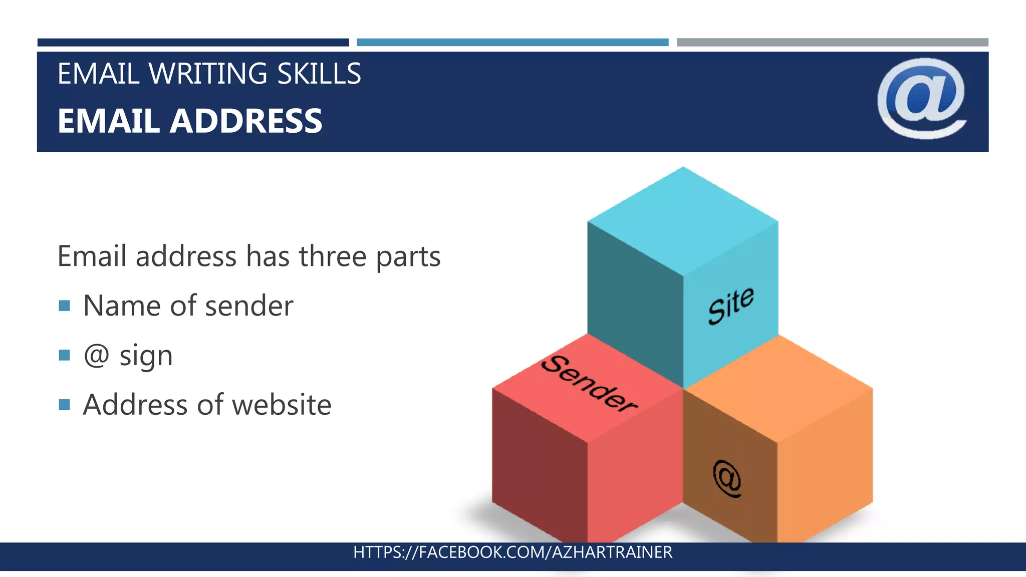 EMAIL WRITING SKILLS
EMAIL ADDRESS
Email address has three parts
 Name of sender
 @ sign
 Address of website
HTTPS://FACEBOOK.COM/AZHARTRAINER
 