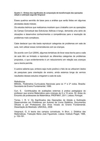 Quadro 3 – Síntese dos significados de composição de transformação das operações
adição e subtração segundo Vergnaud
Esses quadros servirão de base para a análise que serão feitas em algumas
atividades deste módulo.
Os estudos teóricos que realizamos mostram que o trabalho com as operações
do Campo Conceitual das Estruturas Aditivas é longo, demanda uma série de
situações e desenvolve conhecimentos e competências para a resolução de
problemas mais complexos.
Cabe destacar que não basta reproduzir categorias de problemas em sala de
aula, nem utilizar essas nomenclaturas com as crianças.
De acordo com Curi (2004), algumas tentativas de levar essa teoria para a sala
de aula têm se limitado a reproduzir as diferentes categorias de problemas
propostos, o que evidentemente é um reducionismo em relação aos avanços
que a teoria permite.
A autora salienta que, embora seja muito positivo o fato de se utilizarem dados
de pesquisas para orientação de ensino, ainda estamos longe de vermos
resultados desses estudos chegarem a sala de aula.
Referências
BRASIL. Parâmetros Curriculares Nacionais para os 1º e 2º ciclos. Brasília:
Secretaria de Ensino Fundamental, 1996.
Curi, E. Contribuições de avaliações externas à pratica pedagógica do
professor que ensina Matemática para crianças de 6 a 10 anos. IN: Actas do
Encontro de professores de Matemática. PROFMAT, 2011. Lisboa, Portugal.
Torres, I. R. V. Os Significados das Operações de Adição e Subtração
Desenvolvidos em Problemas por Autores de Livros Didáticos, Documentos
Oficiais e por Professores dos Anos Iniciais do Ensino Fundamental.
Dissertação de Mestrado. UNICSUL, 2008
Vergnaud, G. A teoria dos campos conceituais. In Brun, J. Didática das
Matemáticas. Tradução Maria José Figueiredo. Lisboa: Instituto Piaget, 1996,
p. 155-191.
 