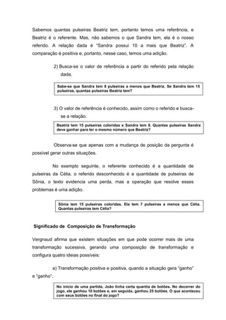 Sabemos quantas pulseiras Beatriz tem, portanto temos uma referência, e
Beatriz é o referente. Mas, não sabemos o que Sandra tem, ela é o nosso
referido. A relação dada é “Sandra possui 10 a mais que Beatriz”. A
comparação é positiva e, portanto, nesse caso, temos uma adição.
2) Busca-se o valor de referência a partir do referido pela relação
dada.
3) O valor de referência é conhecido, assim como o referido e busca-
se a relação.
Observa-se que apenas com a mudança de posição da pergunta é
possível gerar outras situações.
No exemplo seguinte, o referente conhecido é a quantidade de
pulseiras da Célia, o referido desconhecido é a quantidade de pulseiras de
Sônia, o texto evidencia uma perda, mas a operação que resolve esses
problemas é uma adição.
Significado de Composição de Transformação
Vergnaud afirma que existem situações em que pode ocorrer mais de uma
transformação sucessiva, gerando uma composição de transformação e
configura quatro ideias possíveis:
a) Transformação positiva e positiva, quando a situação gera “ganho”
e “ganho”.
Sabe-se que Sandra tem 8 pulseiras a menos que Beatriz. Se Sandra tem 15
pulseiras, quantas pulseiras Beatriz tem?
Beatriz tem 15 pulseiras coloridas e Sandra tem 8. Quantas pulseiras Sandra
deve ganhar para ter o mesmo número que Beatriz?
Sônia tem 15 pulseiras coloridas. Ela tem 7 pulseiras a menos que Célia.
Quantas pulseiras tem Célia?
No início de uma partida, João tinha certa quantia de botões. No decorrer do
jogo, ele ganhou 10 botões e, em seguida, ganhou 25 botões. O que aconteceu
com seus botões no final do jogo?
 