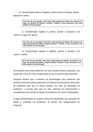 b) Transformação positiva e negativa, quando ocorre a situação “ganho”,
seguida de “perda”.
c) Transformação negativa e positiva, quando a proposta é de
“perda” e a seguir de “ganho”.
d) Transformação negativa e negativa, quando a situação é de
“perde” e “perde”.
Os exemplos acima são problemas com duas transformações compostas, que
evidenciam níveis de maior complexidade do que os anteriormente discutidos.
Vergnaud declara que o processo de aprendizagem dos problemas que
envolvem estruturas aditivas demanda uma série de ocorrências de vários tipos
de problemas para que os alunos possam, por meio de resoluções de
problemas, o conceito seja visto por eles, dispondo de conhecimentos e
competências para transpor à solução de problemas com maior complexidade.
A seguir apresentamos um quadro síntese dos significados das operações de
adição e subtração em problemas, de acordo com categorizações de
Vergnaud.
No início de uma partida, João tinha certa quantia de botões. No decorrer do
jogo, ele ganhou 20 botões e perdeu 7 botões. O que aconteceu com seus
botões no final do jogo?
No início de uma partida, João tinha certa quantia de botões. No decorrer do
jogo ele perdeu 20 botões e depois ganhou 7 botões. O que aconteceu com
seus botões no final do jogo?
No início de uma partida, João tinha certa quantia de botões. No decorrer do
jogo, ele perdeu 20 botões e depois perdeu 7 botões. O que aconteceu com
seus botões no final do jogo?
 