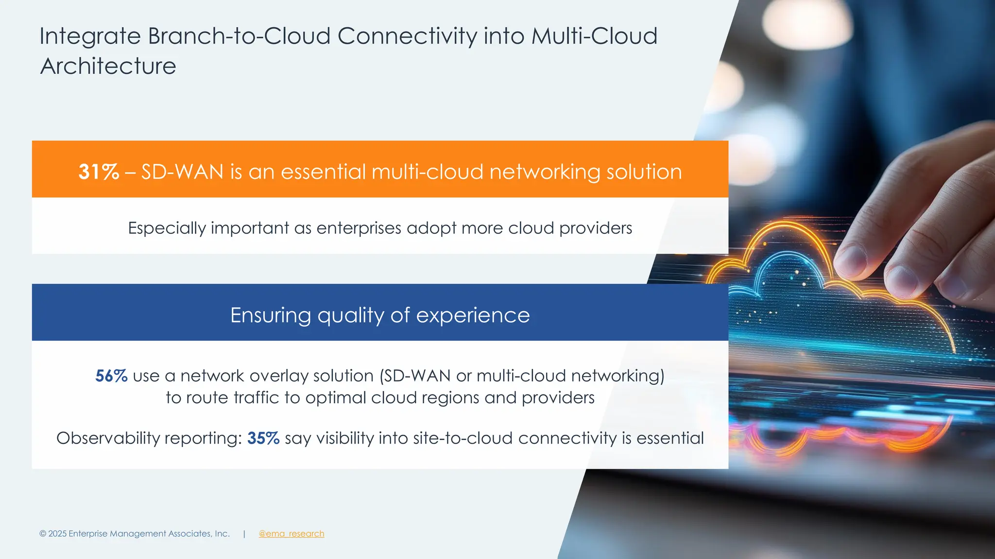 @ema_research
| @ema_research
@ema_research
| @ema_research
Integrate Branch-to-Cloud Connectivity into Multi-Cloud
Architecture
© 2025 Enterprise Management Associates, Inc. 15
Especially important as enterprises adopt more cloud providers
31% – SD-WAN is an essential multi-cloud networking solution
56% use a network overlay solution (SD-WAN or multi-cloud networking)
to route traffic to optimal cloud regions and providers
Observability reporting: 35% say visibility into site-to-cloud connectivity is essential
Ensuring quality of experience
 