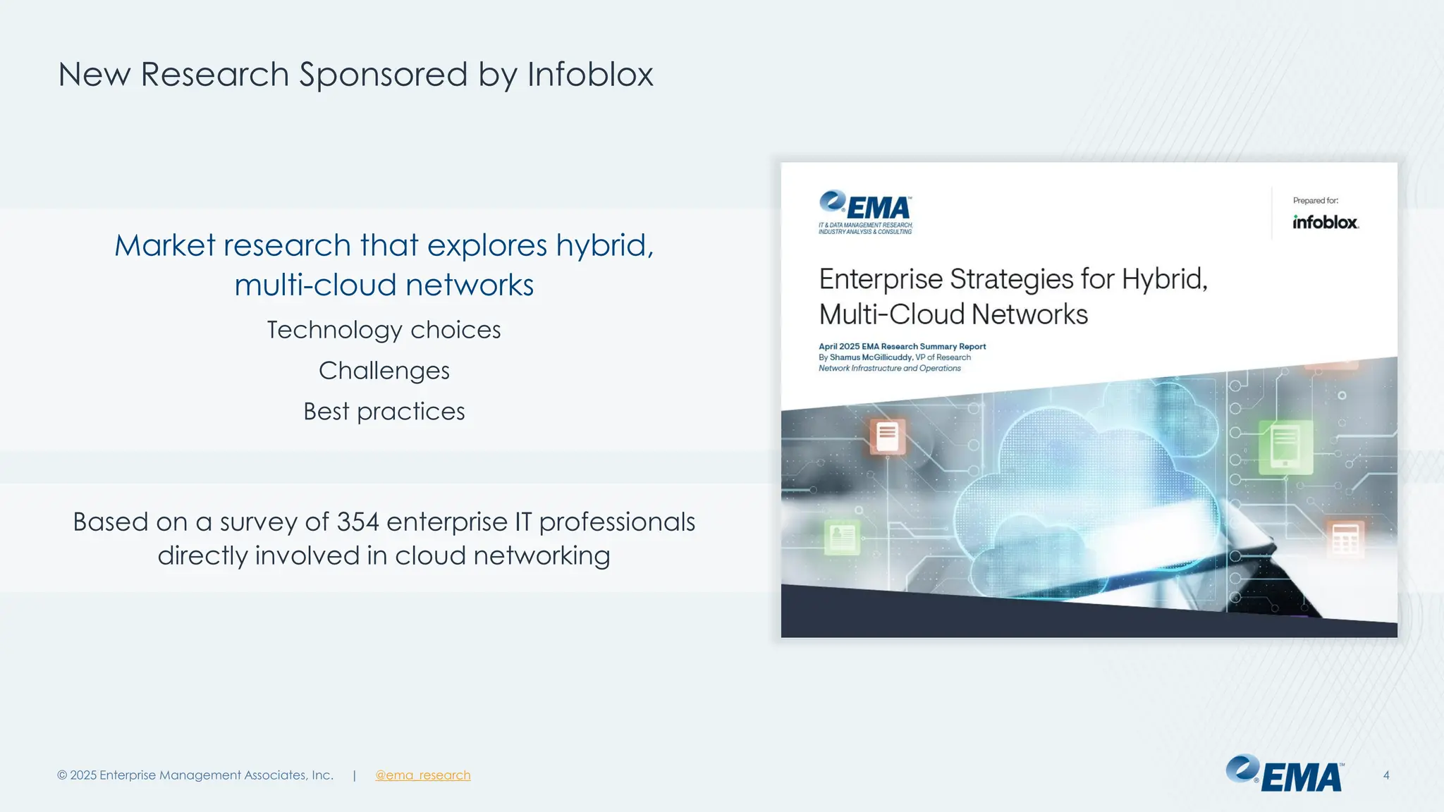 @ema_research
| @ema_research
@ema_research
| @ema_research
New Research Sponsored by Infoblox
© 2025 Enterprise Management Associates, Inc. 4
Market research that explores hybrid,
multi-cloud networks
Technology choices
Challenges
Best practices
Based on a survey of 354 enterprise IT professionals
directly involved in cloud networking
 