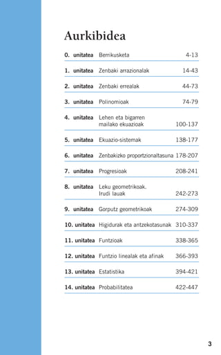 3
Aurkibidea
0. unitatea Berrikusketa 4-13
1. unitatea Zenbaki arrazionalak 14-43
2. unitatea Zenbaki errealak 44-73
3. unitatea Polinomioak 74-79
4. unitatea Lehen eta bigarren
mailako ekuazioak 100-137
5. unitatea Ekuazio-sistemak 138-177
6. unitatea Zenbakizko proportzionaltasuna 178-207
7. unitatea Progresioak 208-241
8. unitatea Leku geometrikoak.
Irudi lauak 242-273
9. unitatea Gorputz geometrikoak 274-309
10. unitatea Higidurak eta antzekotasunak 310-337
11. unitatea Funtzioak 338-365
12. unitatea Funtzio linealak eta afinak 366-393
13. unitatea Estatistika 394-421
14. unitatea Probabilitatea 422-447
908272 _ 0001-0003.qxd 20/9/07 15:48 Página 3
 
