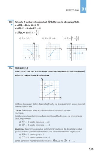 319
10
Kalkulatu B puntuaren koordenatuak ABជ bektorean eta adierazi grafikoki.
a) ABជ(2, −2) eta A(−3, 3)
b) ABជ(−2, −3) eta A(2, −1)
c) ABជ(3, 0) eta
a) B = (−1, 1) b) B = (0, −4) c)
034
B = −
⎛
⎝
⎜⎜⎜
⎞
⎠
⎟⎟⎟⎟5
5
2
,
A 2
5
2
, −
⎛
⎝
⎜⎜⎜
⎞
⎠
⎟⎟⎟⎟
033
●
EGIN HONELA
NOLA KALKULATZEN DIRA BEKTORE BATEN KOORDENATUAK KOORDENATU-SISTEMA BATEAN?
Kalkulatu bektore hauen koordenatuak.
Bektorea laukizuzen baten diagonaltzat hartu eta laukizuzenaren aldeen neurriak
kalkulatu behar dira.
LEHENA. Bektorearen lehen koordenatua laukizuzenaren luzeraren
neurria da.
Desplazamendua eskuinerakoa bada positibotzat hartzen da, eta ezkerrerakoa
bada, negatibotzat.
a) AA' ⎯→ 3 bateko eskuinera ⎯→ 3
b) CC' → 3 bateko ezkerrera → −3
BIGARRENA. Bigarren koordenatua laukizuzenaren altuera da. Desplazamendua
goranzkoa bada positibotzat hartzen da, eta beheranzkoa bada, negatibotzat.
a) A'B ⎯→ 2 bateko gora → 2
b) C'D → 1 bateko behera ⎯⎯→ −1
Beraz, bektoreen koordenatuak hauek dira: ABជ(3, 2) eta CDជ(−3, −1).
5
3
1
1 3 5
Y
X
A
BD
CC'
A'
ERANTZUNAK
A
B
A
B
A B
−1−3−5
5
3
1
Y
X
1 3
−1
−3
Y
X
1 3 5
−1
−3
−5
Y
X
908272 _ 0310-0337.qxd 20/9/07 16:26 Página 319
 