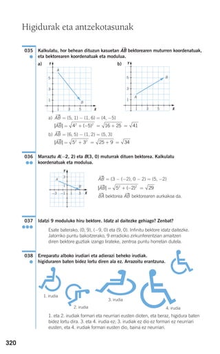320
Kalkulatu, hor behean dituzun kasuetan ABជ bektorearen muturren koordenatuak,
eta bektorearen koordenatuak eta modulua.
a) b)
a) ABជ = (5, 1) − (1, 6) = (4, −5)
|ABជ| =
b) ABជ = (6, 5) − (1, 2) = (5, 3)
|ABជ| =
Marraztu A(−2, 2) eta B(3, 0) muturrak dituen bektorea. Kalkulatu
koordenatuak eta modulua.
ABជ = (3 − (−2), 0 − 2) = (5, −2)
|ABជ| =
BAជ bektorea ABជ bektorearen aurkakoa da.
Idatzi 9 moduluko hiru bektore. Idatz al daitezke gehiago? Zenbat?
Esate baterako, (0, 9), (−9, 0) eta (9, 0). Infinitu bektore idatz daitezke.
Jatorriko puntu bakoitzerako, 9 erradioko zirkunferentzian amaitzen
diren bektore guztiak izango lirateke, zentroa puntu horretan dutela.
Erreparatu alboko irudiari eta adierazi beheko irudiak.
higiduraren baten bidez lortu diren ala ez. Arrazoitu erantzuna.
1. eta 2. irudiak formari eta neurriari eusten dioten, eta beraz, higidura baten
bidez lortu dira. 3. eta 4. irudia ez; 3. irudiak ez dio ez formari ez neurriari
eusten, eta 4. irudiak formari eusten dio, baina ez neurriari.
038
●
037
●●●
5 2 292 2
+ − =( )
036
●●
5 3 25 9 342 2
+ = + =
4 5 16 25 412 2
+ − = + =( )
035
●
A
B5
3
1
1 3 5
Y
X
5
3
1
1 3 5
Y
X
A
B
A
B
Higidurak eta antzekotasunak
1. irudia
2. irudia
3. irudia
4. irudia
−1−3 1 3
3
1
Y
X
908272 _ 0310-0337.qxd 20/9/07 16:26 Página 320
 