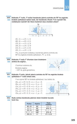 325
10
Kalkulatu F' irudia, F irudiari koordenatu-jatorria zentroko eta 90°-ko angeluko
biraketa aplikatzean lortzen bada. Zer koordenatu dituzte F-ren erpinek? Eta
eraldatuaren erpinek? Zer lotura hauteman duzu emaitzen artean?
A(1, 1) ⎯→ A'(−1, 1)
B(2, 4) ⎯→ B'(−4, 2)
C(3, 3) ⎯→ C'(−3, 3)
D(4, 3) ⎯→ D'(−3, 4)
E(4, 2) ⎯→ E'(−2, 4)
G(5, 1) ⎯→ G'(−1, 5)
P(x, y) puntuaren eraldatua, koordenatu-jatorria zentroko eta
90°-ko angeluko biraketa aplikatzean, P'(−y, x) da.
Kalkulatu F irudia F' bihurtzen duen biraketaren
zentroa eta angelua .
O zentroa irudiarena da.
Biraketa-angelua
−120° da, gutxi gorabehera.
Kalkulatu F irudia, jakinik jatorria zentroko eta 90°-ko angeluko biraketa
aplikatzean F' irudia lortzen dela.
F-ren erpinei 90°-ko biraketa aplikatzean, hau beteko da:
A(x1, y1) ⎯→ A'(−6, 3) → x1 = 3, y1 = 6
B(x2, y2) → B'(−5, 5) → x2 = 5, y2 = 5
C(x3, y3) ⎯→ C'(−4, 4) → x3 = 4, y3 = 4
D(x4, y4) → D'(−3, 5) → x4 = 5, y4 = 3
E(x5, y5) ⎯→ E'(−3, 1) → x5 = 1, y5 = 3
G(x6, y6) → G'(−5, 1) → x6 = 1, y6 = 5
Osatu zentroa koordenatu-jatorrian duten biraketei buruzko
taula hau.
052
●●
051
●●
F
O
F'
050
●●
049
●●
F
A
A'
F'B'
C'
D'
E'
G'
B
C D
E
G
F
G
G'
A
B
C
B'
C'
D
D'
E
E'
F'A'
90°
ERANTZUNAK
C(1, 2) 180° C'(−1, −2)
D(−3, −4) 180° D'(3, 4)
E(0, 3) 90° E'(−3, 0)
Puntua Angelua
Puntu
eraldatua
A(1, 0) 90° A'(0, 1)
B(3, 0) 90° B'(0, 3)
−4 −2 1 3 5 7
5
3
Y
X
Y
X
908272 _ 0310-0337.qxd 20/9/07 16:26 Página 325
 