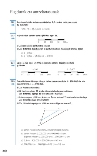332
Aurreko ariketako autoaren maketa bat 7,5 cm-koa bada, zer eskala
du maketak?
420 : 7,5 = 56. Eskala 1 : 56 da.
Mapa batean beheko eskala grafikoa ageri da.
a) Zenbatekoa da zenbakizko eskala?
b) Zer distantzia dago benetan bi punturen artean, mapakoa 8 cm-koa bada?
a) 1 : 8.000
b) 8 ⋅ 8.000 = 64.000 cm = 640 m
Egin 1 : 350 eta 1 : 6.000 zenbakizko eskalei dagozkien eskala
grafikoak.
1 : 350 1 : 6.000
Eskualde baten bi mapa ditugu. Lehen maparen eskala 1 : 400.000 da, eta
bigarrenarena, 1 : 1.000.000.
a) Zer mapa da handiena?
b) Bi herriren artean 20 km-ko distantzia badago errealitatean,
zer distantzia egongo da bien artean bi mapetan?
c) Lehen mapan, bi hiriren, A-ren eta B-ren, artean 2,3 cm-ko distantzia dago.
Zer distantzia dago errealitatean?
d) Zer distantzia egongo da bi hirien artean bigarren mapan?
a) Lehen mapa da handiena, eskala txikiagoa duelako.
b) Lehen mapan: 2.000.000 cm : 400.000 = 5 cm.
Bigarren mapan: 2.000.000 cm : 1.000.000 = 2 cm.
c) 2,3 cm ⋅ 400.000 = 920.000 cm = 9,2 km
d) 920.000 cm : 1.000.000 = 0,92 cm = 9,2 mm
075
●●
0 60 120 180 240 m0 3,5 7 10,5 14 m
074
●●
0 80 160 240 320 m
073
●●
072
●●
Higidurak eta antzekotasunak
A
B
C
P
Q
908272 _ 0310-0337.qxd 20/9/07 16:26 Página 332
 