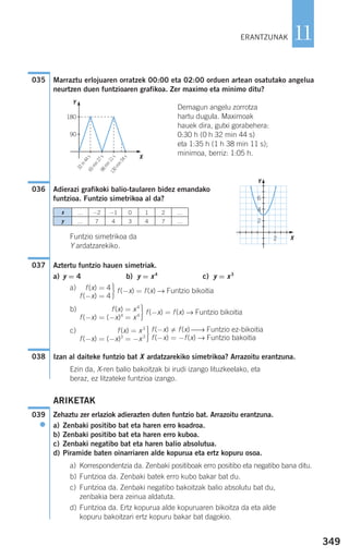 349
11
Marraztu erlojuaren orratzek 00:00 eta 02:00 orduen artean osatutako angelua
neurtzen duen funtzioaren grafikoa. Zer maximo eta minimo ditu?
Demagun angelu zorrotza
hartu dugula. Maximoak
hauek dira, gutxi gorabehera:
0:30 h (0 h 32 min 44 s)
eta 1:35 h (1 h 38 min 11 s);
minimoa, berriz: 1:05 h.
Adierazi grafikoki balio-taularen bidez emandako
funtzioa. Funtzio simetrikoa al da?
Funtzio simetrikoa da
Y ardatzarekiko.
Aztertu funtzio hauen simetriak.
a) y = 4 b) y = x4
c) y = x3
a)
· f (−x) = f (x) → Funtzio bikoitia
b)
· f (−x) = f (x) → Funtzio bikoitia
c)
·
Izan al daiteke funtzio bat X ardatzarekiko simetrikoa? Arrazoitu erantzuna.
Ezin da, X-ren balio bakoitzak bi irudi izango lituzkeelako, eta
beraz, ez litzateke funtzioa izango.
ARIKETAK
Zehaztu zer erlaziok adierazten duten funtzio bat. Arrazoitu erantzuna.
a) Zenbaki positibo bat eta haren erro koadroa.
b) Zenbaki positibo bat eta haren erro kuboa.
c) Zenbaki negatibo bat eta haren balio absolutua.
d) Piramide baten oinarriaren alde kopurua eta ertz kopuru osoa.
a) Korrespondentzia da. Zenbaki positiboak erro positibo eta negatibo bana ditu.
b) Funtzioa da. Zenbaki batek erro kubo bakar bat du.
c) Funtzioa da. Zenbaki negatibo bakoitzak balio absolutu bat du,
zenbakia bera zeinua aldatuta.
d) Funtzioa da. Ertz kopurua alde kopuruaren bikoitza da eta alde
kopuru bakoitzari ertz kopuru bakar bat dagokio.
039
●
038
f (−x) f (x) ⎯→ Funtzio ez-bikoitia
f (−x) = −f (x) → Funtzio bakoitia
f (x) = x3
f (−x) = (−x)3
= −x3
f (x) = x4
f (−x) = (−x)4
= x4
f (x) = 4
f (−x) = 4
037
036
035
ERANTZUNAK
180
90
x
y
…
…
−2
7
−1
4
0
3
1
4
2
7
…
…
6
4
2
2
X
Y
X
Y
32m
44s65min27s98min11s130min54s
908272 _ 0338-0365.qxd 20/9/07 16:12 Página 349
 