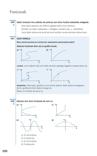 Idatzi funtzioen hiru adibide eta adierazi zein diren funtzio bakoitzeko aldagaiak.
Auto baten abiadura eta 100 km egiteko behar duen denbora.
Zenbaki oso baten zatitzaileak; x aldagaia: zenbaki osoa, y : zatitzaileak.
Laino baten altuera eta tanta bat eurik erortzen zenbat denbora behar duen.
Adierazi zein diren funtzioak eta zein ez.
a) c)
b) d)
a) Ez da funtzioa.
b) Funtzioa da.
c) Ez da funtzioa.
d) Funtzioa da.
042
●
041
040
●
EGIN HONELA
NOLA IDENTIFIKATZEN DA FUNTZIO BAT ADIERAZPEN GRAFIKOAREN BIDEZ?
Adierazi funtzioak diren ala ez grafiko hauek.
a) b)
LEHENA. x-ren balioren bati y-ren balio bat baino gehiago dagokion zehaztu behar da.
a) b)
BIGARRENA. Hala bada, grafikoa ez da funtzio batena. Balio bakarra badagokio,
berriz, grafikoa funtzio batena izango da.
Beraz, b) funtzioa da eta a) ez.
Y
X
Y
X
Y
X
Y
X
350
Funtzioak
Y Y
X X
Y
X
Y
X
908272 _ 0338-0365.qxd 20/9/07 16:12 Página 350
 
