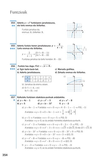 354
Aztertu y = x3
funtzioaren jarraitutasuna,
eta lortu eremua eta ibiltartea.
Funtzio jarraitua da;
eremua: R; ibiltartea: R.
Aztertu funtzio honen jarraitutasuna: .
Lortu eremua eta ibiltartea.
→ Ά
Funtzioa jarraitua da tarte honetan: ‫ޒ‬ − {0}.
Funtzio hau dugu: :
a) Egin balio-taula bat. c) Marraztu grafikoa.
b) Aztertu jarraitutasuna. d) Zehaztu eremua eta ibiltartea.
a) c)
b) Jarraitua da eremu osoan.
d) Er f = [−4, +ϱ)
Ib f = [0, +ϱ)
Kalkulatu funtzioen ebakidura-puntuak ardatzekiko.
a) y = 4x − 1 c) y = x2
− 3 e) y = x3
− 8
b) y = 5 d) y = (x − 3)2
f) y = −3
a) y = 4x − 1 → Y ardatza → x = 0 → y = 4 ⋅ 0 − 1 = −1 → P(0, −1)
X ardatza → y = 0 → 0 = 4x − 1 →
b) y = 5 → Y ardatza → x = 0 → y = 5 → P(0, 5)
X ardatza → y 0, ez du ardatz horrekiko ebakidura-punturik.
c) y = x2
− 3 → Y ardatza → x = 0 → y = 0 − 3 = −3 → P(0, −3)
X ardatza → y = 0 → x2
− 3 = 0 → x = ± → Q( , 0) eta Q'(− , 0)
d) y = (x − 3)2
→ Y ardatza → x = 0 → y = (0 − 3)2
= 9 → P(0, 9)
X ardatza → y = 0 → 0 = (x − 3)2
→ x = 3 → Q(3, 0)
e) y = x3
− 8 → Y ardatza → x = 0 → y = −8 → P(0, −8)
X ardatza → y = 0 → x3
− 8 = 0 → x = 2 → Q(2, 0)
f) y = −3 → Y ardatza → x = 0 → y = −3 → P(0, −3)
X ardatza → y 0, ez du ardatz horrekiko ebakidura-punturik.
333
x Q=
⎛
⎝
⎜⎜⎜
⎞
⎠
⎟⎟⎟⎟
1
4
1
4
0→ ,
057
●
f x x( ) = + 4056
●●●
Er f = ‫ޒ‬ − {1}
Ib f = ‫ޒ‬ − {0}y
x
=
−
2
1
y
x
=
−
2
1
055
●●●
054
●●
Funtzioak
Y
X
y
x
=
−
2
1
x 1
5
0
2
2
6
−4
0y
Y
X
y x= + 4
y = x3
Y
X
1
1
1
1
908272 _ 0338-0365.qxd 20/9/07 16:12 Página 354
 