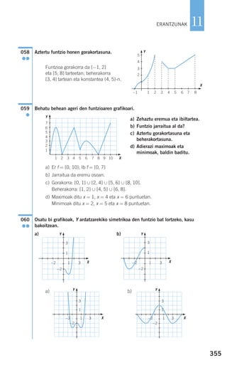 355
11
Aztertu funtzio honen gorakortasuna.
Funtzioa gorakorra da [−1, 2]
eta [5, 8] tarteetan; beherakorra
[3, 4] tartean eta konstantea (4, 5)-n.
Behatu behean ageri den funtzioaren grafikoari.
a) Zehaztu eremua eta ibiltartea.
b) Funtzio jarraitua al da?
c) Aztertu gorakortasuna eta
beherakortasuna.
d) Adierazi maximoak eta
minimoak, baldin baditu.
a) Er f = [0, 10]; Ib f = [0, 7]
b) Jarraitua da eremu osoan.
c) Gorakorra: [0, 1] ∪ [2, 4] ∪ [5, 6] ∪ [8, 10].
Beherakorra: [1, 2] ∪ [4, 5] ∪ [6, 8].
d) Maximoak ditu x = 1, x = 4 eta x = 6 puntuetan.
Minimoak ditu x = 2, x = 5 eta x = 8 puntuetan.
Osatu bi grafikoak, Y ardatzarekiko simetrikoa den funtzio bat lortzeko, kasu
bakoitzean.
a) b)
a) b)
060
●●
059
●
058
●●
ERANTZUNAK
5
4
3
2
−1 1 2 3 4 5 6 7 8
X
Y
7
6
5
4
3
2
1
1 2 3 4 5 6 7 8 9 10 X
Y
X X
Y Y
X X
Y Y
3
1
−2
31−2
3
1
−2
31−2
3
1
−2
31−2
3
1
−2
31−2
908272 _ 0338-0365.qxd 20/9/07 16:12 Página 355
 