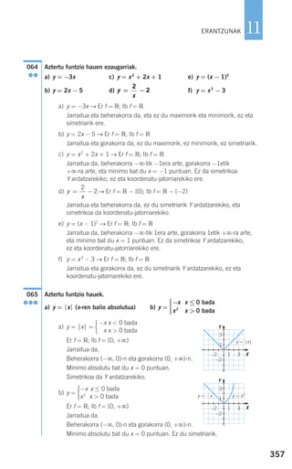 357
11
Aztertu funtzio hauen ezaugarriak.
a) y = −3x c) y = x2
+ 2x + 1 e) y = (x − 1)2
b) y = 2x − 5 d) f) y = x3
− 3
a) y = −3x → Er f = ‫;ޒ‬ Ib f = ‫ޒ‬
Jarraitua eta beherakorra da, eta ez du maximorik eta minimorik, ez eta
simetriarik ere.
b) y = 2x − 5 → Er f = ‫;ޒ‬ Ib f = ‫ޒ‬
Jarraitua eta gorakorra da, ez du maximorik, ez minimorik, ez simetriarik.
c) y = x2
+ 2x + 1 → Er f = ‫;ޒ‬ Ib f = ‫ޒ‬
Jarraitua da, beherakorra −ϱ-tik −1era arte, gorakorra −1etik
+ϱ-ra arte, eta minimo bat du x = −1 puntuan. Ez da simetrikoa
Y ardatzarekiko, ez eta koordenatu-jatorriarekiko ere.
d) → Er f = ‫ޒ‬ − {0}; Ib f = ‫ޒ‬ − {−2}
Jarraitua eta beherakorra da, ez du simetriarik Y ardatzarekiko, eta
simetrikoa da koordenatu-jatorriarekiko.
e) y = (x − 1)2
→ Er f = ‫;ޒ‬ Ib f = ‫ޒ‬
Jarraitua da, beherakorra −ϱ-tik 1era arte, gorakorra 1etik +ϱ-ra arte,
eta minimo bat du x = 1 puntuan. Ez da simetrikoa Y ardatzarekiko,
ez eta koordenatu-jatorriarekiko ere.
f) y = x3
− 3 → Er f = ‫;ޒ‬ Ib f = ‫ޒ‬
Jarraitua eta gorakorra da, ez du simetriarik Y ardatzarekiko, ez eta
koordenatu-jatorriarekiko ere.
Aztertu funtzio hauek.
a) y = ⏐x⏐ (x-ren balio absolutua) b) y =
a) y = ⏐x⏐ = Ά
Er f = ‫;ޒ‬ Ib f = [0, +ϱ)
Jarraitua da.
Beherakorra (−ϱ, 0)-n eta gorakorra (0, +ϱ)-n.
Minimo absolutu bat du x = 0 puntuan.
Simetrikoa da Y ardatzarekiko.
b) y = Ά
Er f = ‫;ޒ‬ Ib f = [0, +ϱ)
Jarraitua da.
Beherakorra (−ϱ, 0)-n eta gorakorra (0, +ϱ)-n.
Minimo absolutu bat du x = 0 puntuan. Ez du simetriarik.
−x x ≤ 0 bada
x2
x > 0 bada
−x x < 0 bada
x x > 0 bada
−x x ≤ 0 bada
x2
x > 0 bada
⎧
⎨
⎪⎪
⎩⎪⎪
065
●●●
y
x
= −
2
2
y
x
= −
2
2
064
●●
ERANTZUNAK
Y
Y
X
X
y = ⏐x⏐
y = x2
y = −x
3
1
−2
31−2
3
1
−2
31−2
908272 _ 0338-0365.qxd 20/9/07 16:12 Página 357
 