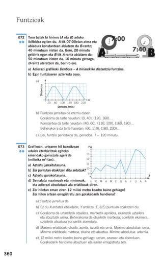 360
Tren batek bi hiriren (A eta B) arteko
ibilbidea egiten du. A-tik 07:00etan atera eta
abiadura konstantean abiatzen da B-rantz;
40 minutuan iristen da. Gero, 20 minutu
geldirik egon eta B-tik A-rantz abiatzen da;
50 minutuan iristen da. 10 minutu geroago,
B-rantz ateratzen da, berriro ere.
a) Adierazi grafikoki Denbora – A hiriarekiko distantzia funtzioa.
b) Egin funtzioaren azterketa osoa.
a)
b) Funtzioa jarraitua da eremu osoan.
Gorakorra da tarte hauetan: (0, 40), (120, 160)…
Konstantea da tarte hauetan: (40, 60), (110, 120), (160, 180)…
Beherakorra da tarte hauetan: (60, 110), (180, 230)...
c) Bai, funtzio periodikoa da; periodoa: T = 120 minutu.
Grafikoan, urtearen hil bakoitzean
udalek etxebizitzak egiteko
emandako gainazala ageri da
(milioika m2
-tan).
a) Aztertu jarraitutasuna.
b) Zer puntutan ebakitzen ditu ardatzak?
c) Aztertu gorakortasuna.
d) Seinalatu maximoak eta minimoak,
eta adierazi absolutuak ala erlatiboak diren.
e) Zer hiletan eman ziren 12 milioi metro koadro baino gehiago?
Zer hilen artean erregistratu zen gorakadarik handiena?
a) Funtzio jarraitua da.
b) Ez du X ardatza ebakitzen; Y ardatza (E; 8,5) puntuan ebakitzen du.
c) Gorakorra da urtarriletik otsailera, martxotik apirilera, ekainetik uztailera
eta abuztutik urrira. Beherakorra da otsailetik martxora, apiriletik ekainera,
uztailetik abuztura eta urritik abendura.
d) Maximo erlatiboak: otsaila, apirila, uztaila eta urria. Maximo absolutua: urria.
Minimo erlatiboak: martxoa, ekaina eta abuztua. Minimo absolutua: urtarrila.
e) 12 milioi metro koadro baino gehiago: urrian, azaroan eta abenduan.
Gorakadarik handiena abuztuan eta irailan erregistratu zen.
073
●●
072
●●
Funtzioak
20 60 100 140 180 220
Distantzia
Denbora (min)
13
12
11
10
9
U O M A M E U A I U A A
X
Y
908272 _ 0338-0365.qxd 20/9/07 16:12 Página 360
 