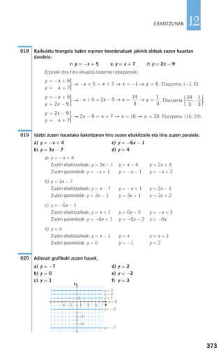 Kalkulatu triangelu baten erpinen koordenatuak jakinik aldeak zuzen hauetan
daudela:
r: y = −x + 5 s: y = x + 7 t: y = 2x − 9
Erpinak dira hiru ekuazio-sistemen ebazpenak:
. Ebazpena: (−1, 6).
. Ebazpena: .
. Ebazpena: (16, 23).
Idatzi zuzen hauetako bakoitzaren hiru zuzen ebakitzaile eta hiru zuzen paralelo.
a) y = −x + 4 c) y = −6x − 1
b) y = 3x − 7 d) y = 4
a) y = −x + 4
Zuzen ebakitzaileak: y = 3x − 1 y = x − 4 y = 2x + 3
Zuzen parareloak: y = −x + 1 y = −x − 1 y = −x + 2
b) y = 3x − 7
Zuzen ebakitzaileak: y = x − 7 y = −x + 1 y = 2x − 1
Zuzen parareloak: y = 3x − 1 y = 3x + 1 y = 3x + 2
c) y = −6x − 1
Zuzen ebakitzaileak: y = x + 1 y = 6x − 5 y = −x + 3
Zuzen parareloak: y = −6x + 1 y = −6x − 2 y = −6x
d) y = 4
Zuzen ebakitzaileak: y = x − 1 y = x y = x + 1
Zuzen parareloak: y = 0 y = −1 y = 2
Adierazi grafikoki zuzen hauek.
a) y = −7 d) y = 2
b) y = 0 e) y = −2
c) y = 1 f) y = 3
020
019
y x
y x
x x x y
= −
= +
⎫
⎬
⎪⎪
⎭⎪⎪
− = + = =
−
2 9
7
2 9 7 16 23→ → →
14
3
1
3
,
⎛
⎝
⎜⎜⎜
⎞
⎠
⎟⎟⎟⎟
− + = − = =x x x y5 2 9
14
3
1
3
→ →
y x
y x
= − +
= −
⎫
⎬
⎪⎪
⎭⎪⎪
5
2 9
→
y x
y x
x x x y
= − +
= +
⎫
⎬
⎪⎪
⎭⎪⎪
− + = + = − =
−
5
7
5 7 1 6→ → →
018
373
12ERANTZUNAK
y = 3
y = 2
y = 1
y = 0
y = −2
y = −7
Y
X−2−4
−6
−4
1
1 3 5
908272 _ 0366-0393.qxd 20/9/07 16:17 Página 373
 