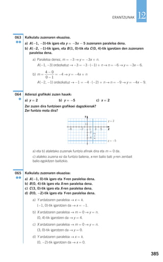 385
12
Kalkulatu zuzenaren ekuazioa.
a) A(−1, −3)-tik igaro eta y = −3x − 5 zuzenaren paraleloa dena.
b) A(−2, −1)-tik igaro, eta B(1, 0)-tik eta C(0, 4)-tik igarotzen den zuzenaren
paraleloa dena.
a) Paraleloa denez, m = −3 → y = −3x + n.
A(−1, −3) ordezkatuz → −3 = −3 ⋅ (−1) + n → n = −6 → y = −3x − 6.
b) m = = −4 → y = −4x + n
A(−2, −1) ordezkatuz → −1 = −4 ⋅ (−2) + n → n = −9 → y = −4x − 9.
Adierazi grafikoki zuzen hauek:
a) y = 2 b) y = −5 c) x = 2
Zer zuzen dira funtzioen grafikoei dagozkienak?
Zer funtzio mota dira?
a) eta b) ataletako zuzenak funtzio afinak dira eta m = 0 da.
c) ataleko zuzena ez da funtzio batena, x-ren balio bati y-ren zenbait
balio egokitzen baitizkio.
Kalkulatu zuzenaren ekuazioa:
a) A(−1, 0)-tik igaro eta Y-ren paraleloa dena.
b) B(0, 4)-tik igaro eta X-ren paraleloa dena.
c) C(3, 0)-tik igaro eta X-ren paraleloa dena.
d) D(0, −2)-tik igaro eta Y-ren paraleloa dena.
a) Y ardatzaren paraleloa → x = k.
(−1, 0)-tik igarotzen da → x = −1.
b) X ardatzaren paraleloa → m = 0 → y = n.
(0, 4)-tik igarotzen da → y = 4.
c) X ardatzaren paraleloa → m = 0 → y = n.
(3, 0)-tik igarotzen da → y = 0.
d) Y ardatzaren paraleloa → x = k.
(0, −2)-tik igarotzen da → x = 0.
065
●●
064
●
4 0
0 1
−
−
063
●●
ERANTZUNAK
X
x=2
y = 2
y = −5
Y
−6 −2
−2
−4
1 3 5
1
908272 _ 0366-0393.qxd 20/9/07 16:18 Página 385
 