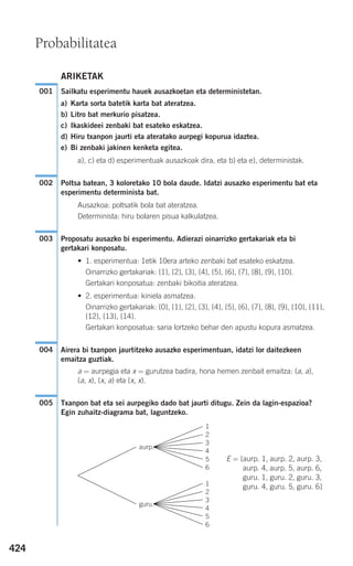 424
ARIKETAK
Sailkatu esperimentu hauek ausazkoetan eta deterministetan.
a) Karta sorta batetik karta bat ateratzea.
b) Litro bat merkurio pisatzea.
c) Ikaskideei zenbaki bat esateko eskatzea.
d) Hiru txanpon jaurti eta ateratako aurpegi kopurua idaztea.
e) Bi zenbaki jakinen kenketa egitea.
a), c) eta d) esperimentuak ausazkoak dira, eta b) eta e), deterministak.
Poltsa batean, 3 koloretako 10 bola daude. Idatzi ausazko esperimentu bat eta
esperimentu determinista bat.
Ausazkoa: poltsatik bola bat ateratzea.
Determinista: hiru bolaren pisua kalkulatzea.
Proposatu ausazko bi esperimentu. Adierazi oinarrizko gertakariak eta bi
gertakari konposatu.
• 1. esperimentua: 1etik 10era arteko zenbaki bat esateko eskatzea.
Oinarrizko gertakariak: {1}, {2}, {3}, {4}, {5}, {6}, {7}, {8}, {9}, {10}.
Gertakari konposatua: zenbaki bikoitia ateratzea.
• 2. esperimentua: kiniela asmatzea.
Oinarrizko gertakariak: {0}, {1}, {2}, {3}, {4}, {5}, {6}, {7}, {8}, {9}, {10}, {11},
{12}, {13}, {14}.
Gertakari konposatua: saria lortzeko behar den apustu kopura asmatzea.
Airera bi txanpon jaurtitzeko ausazko esperimentuan, idatzi lor daitezkeen
emaitza guztiak.
a = aurpegia eta x = gurutzea badira, hona hemen zenbait emaitza: (a, a),
(a, x), (x, a) eta (x, x).
Txanpon bat eta sei aurpegiko dado bat jaurti ditugu. Zein da lagin-espazioa?
Egin zuhaitz-diagrama bat, laguntzeko.
E = {aurp. 1, aurp. 2, aurp. 3,
aurp. 4, aurp. 5, aurp. 6,
guru. 1, guru. 2, guru. 3,
guru. 4, guru. 5, guru. 6}
005
004
003
002
001
Probabilitatea
1
aurp.
guru.
2
3
4
5
6
1
2
3
4
5
6
908272 _ 0422-0448.qxd 20/9/07 16:21 Página 424
 