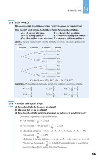 4 txanpon berdin jaurti ditugu.
a) Zer probabilitate du 4 aurpegi ateratzeak?
b) Eta bakar bat ere ez ateratzeak?
c) Zerk du probabilitate handiena, 2 aurpegi ala gutxienez 3 gurutze lortzeak?
Oinarrizko 16 gertakari ekiprobable daude.
a) P(4 aurpegi) =
b) P(0 aurpegi) = P(4 gurutze) =
c) «2 aurpegi ateratzea» = {AA++, A+A+, A++A,+AA+, +A+A, ++AA}
P(2 aurpegi) =
«Gutxienez 3 gurutze lortzea» = {+++A, ++A+, +A++, A+++, ++++}
P(gutxienez 3 gurutze) = . 2 aurpegi lortzeko probabilitatea
gutxienez 3 gurutze lortzekoa baino handiagoa da.
5
16
0 3125= ,
6
16
0 375= ,
1
16
0 0625= ,
1
16
0 0625= ,
053
●●
052 EGIN HONELA
NOLA KALKULATZEN DIRA PROBABILITATEAK ZUHAITZ-DIAGRAMA BATEN LAGUNTZAZ?
Hiru txanpon jaurti ditugu. Kalkulatu gertakari hauen probabilitateak.
A = «3 aurpegi ateratzea» D = «Gurutze bat ateratzea»
B = «2 aurpegi ateratzea» E = «Gehienez aurpegi bat ateratzea»
C = «Aurpegi bat ere ez ateratzea» F = «Aurpegi bat baino gehiago»
LEHENA. Zuhaitz-diagramaren teknika aplikatu behar da, oinarrizko gertakariak
lortzeko.
A AAA
A
X AAX
A
A AXA
X
X AXX
A XAA
A
X XAX
X
A XXA
X
X XXX
E = {AAA, AAX, AXA, AXX, XAA, XAX, XXA, XXX}
BIGARRENA. Probabilitateak kalkulatu behar dira, Laplaceren erregela erabiliz.
P(A) P(C) P(E)
P(B) P(D) P(F) = =
4
8
1
2
=
3
8
=
3
8
= =
4
8
1
2
=
1
8
=
1
8
Emaitza3. txanpona2. txanpona1. txanpona
437
14ERANTZUNAK
⎯⎯⎯→
⎯⎯⎯→
⎯⎯⎯→
⎯⎯⎯→
⎯⎯⎯→
⎯⎯⎯→
⎯⎯⎯→
⎯⎯⎯→
908272 _ 0422-0448.qxd 20/9/07 16:21 Página 437
 