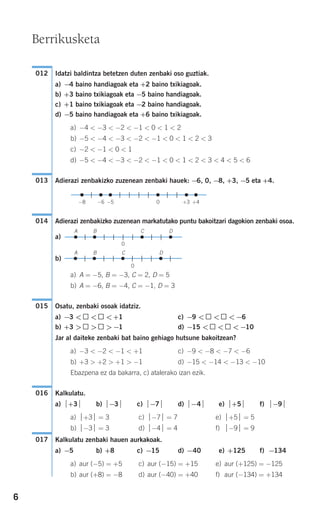 6
Idatzi baldintza betetzen duten zenbaki oso guztiak.
a) −4 baino handiagoak eta +2 baino txikiagoak.
b) +3 baino txikiagoak eta −5 baino handiagoak.
c) +1 baino txikiagoak eta −2 baino handiagoak.
d) −5 baino handiagoak eta +6 baino txikiagoak.
a) −4 < −3 < −2 < −1 < 0 < 1 < 2
b) −5 < −4 < −3 < −2 < −1 < 0 < 1 < 2 < 3
c) −2 < −1 < 0 < 1
d) −5 < −4 < −3 < −2 < −1 < 0 < 1 < 2 < 3 < 4 < 5 < 6
Adierazi zenbakizko zuzenean zenbaki hauek: −6, 0, −8, +3, −5 eta +4.
Adierazi zenbakizko zuzenean markatutako puntu bakoitzari dagokion zenbaki osoa.
a)
b)
a) A = −5, B = −3, C = 2, D = 5
b) A = −6, B = −4, C = −1, D = 3
Osatu, zenbaki osoak idatziz.
a) −3 < < < +1 c) −9 < < < −6
b) +3 > > > −1 d) −15 < < < −10
Jar al daiteke zenbaki bat baino gehiago hutsune bakoitzean?
a) −3 < −2 < −1 < +1 c) −9 < −8 < −7 < −6
b) +3 > +2 > +1 > −1 d) −15 < −14 < −13 < −10
Ebazpena ez da bakarra, c) atalerako izan ezik.
Kalkulatu.
a) ⏐+3⏐ b) ⏐−3⏐ c) ⏐−7⏐ d) ⏐−4⏐ e) ⏐+5⏐ f) ⏐−9⏐
a) ⏐+3⏐ = 3 c) ⏐−7⏐ = 7 e) ⏐+5⏐ = 5
b) ⏐−3⏐ = 3 d) ⏐−4⏐ = 4 f) ⏐−9⏐ = 9
Kalkulatu zenbaki hauen aurkakoak.
a) −5 b) +8 c) −15 d) −40 e) +125 f) −134
a) aur (−5) = +5 c) aur (−15) = +15 e) aur (+125) = −125
b) aur (+8) = −8 d) aur (−40) = +40 f) aur (−134) = +134
017
016
015
0
A B C D
A B C D
0
014
−8 −6 −5 +3 +40
013
012
Berrikusketa
908272 _ 0004-0013.qxd 20/9/07 16:09 Página 6
 