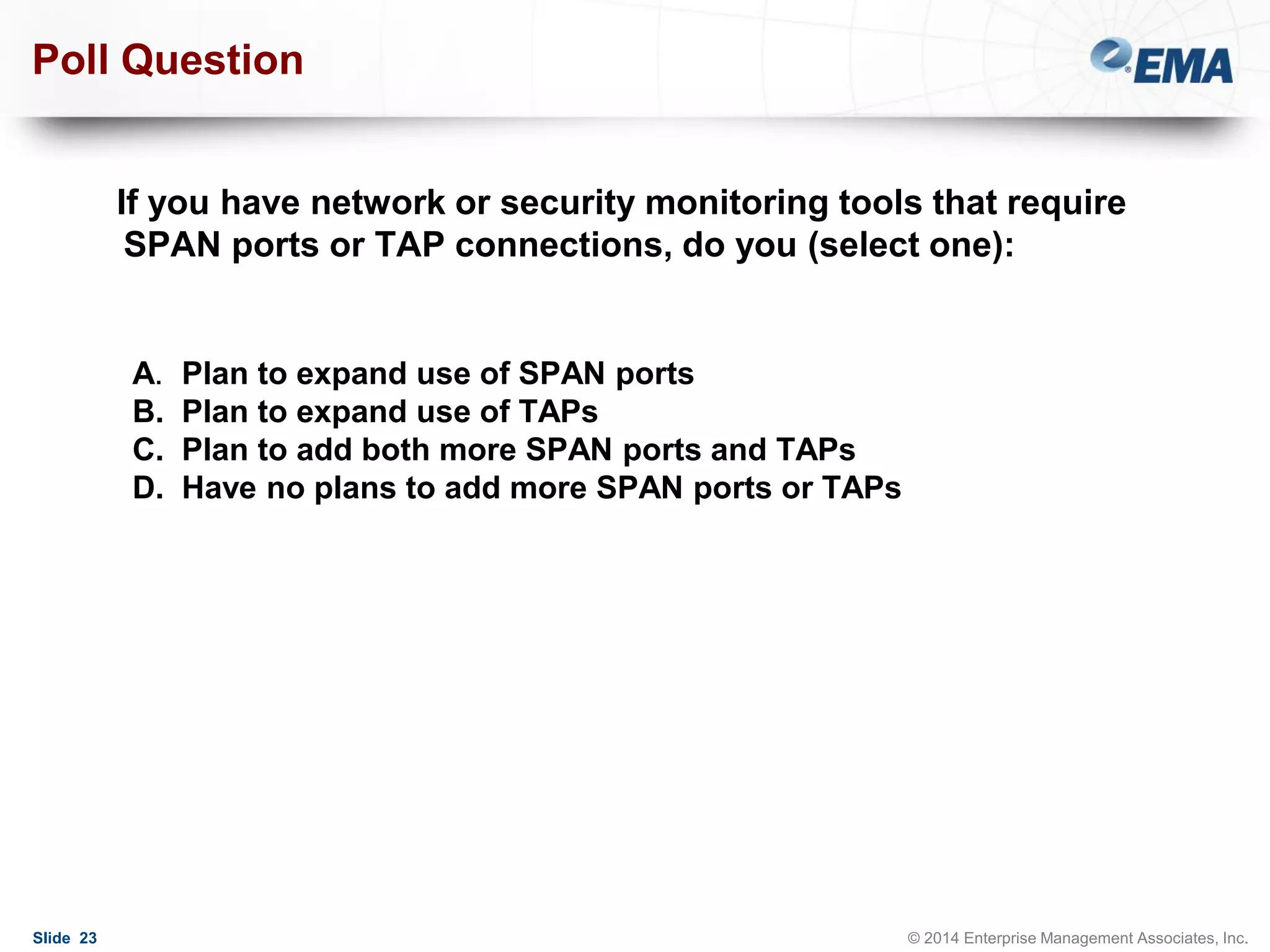 Poll Question

If you have network or security monitoring tools that require
SPAN ports or TAP connections, do you (select one):

A.
B.
C.
D.

Slide 23

Plan to expand use of SPAN ports
Plan to expand use of TAPs
Plan to add both more SPAN ports and TAPs
Have no plans to add more SPAN ports or TAPs

© 2014 Enterprise Management Associates, Inc.

 