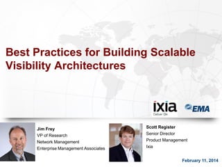 Best Practices for Building Scalable
Visibility Architectures

Jim Frey
VP of Research
Network Management
Enterprise Management Associates

Scott Register
Senior Director
Product Management
Ixia
February 11, 2014

 