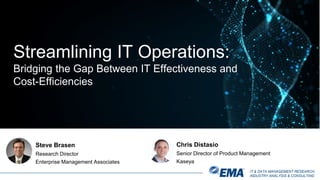 IT & DATA MANAGEMENT RESEARCH,
INDUSTRY ANALYSIS & CONSULTING
Steve Brasen
Research Director
Enterprise Management Associates
Streamlining IT Operations:
Bridging the Gap Between IT Effectiveness and
Cost-Efficiencies
Chris Distasio
Senior Director of Product Management
Kaseya
 