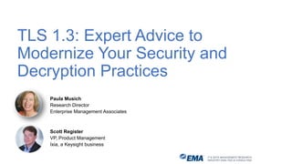 Paula Musich
Research Director
Enterprise Management Associates
TLS 1.3: Expert Advice to
Modernize Your Security and
Decryption Practices
IT & DATA MANAGEMENT RESEARCH,
INDUSTRY ANALYSIS & CONSULTING
Scott Register
VP, Product Management
Ixia, a Keysight business
 