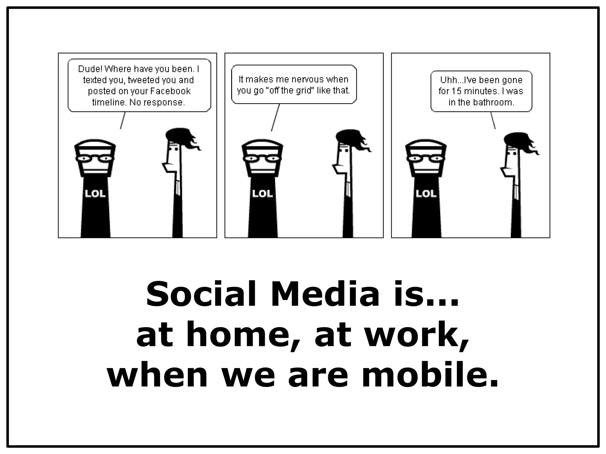 Social Media is...
at home, at work,
when we are mobile.
 