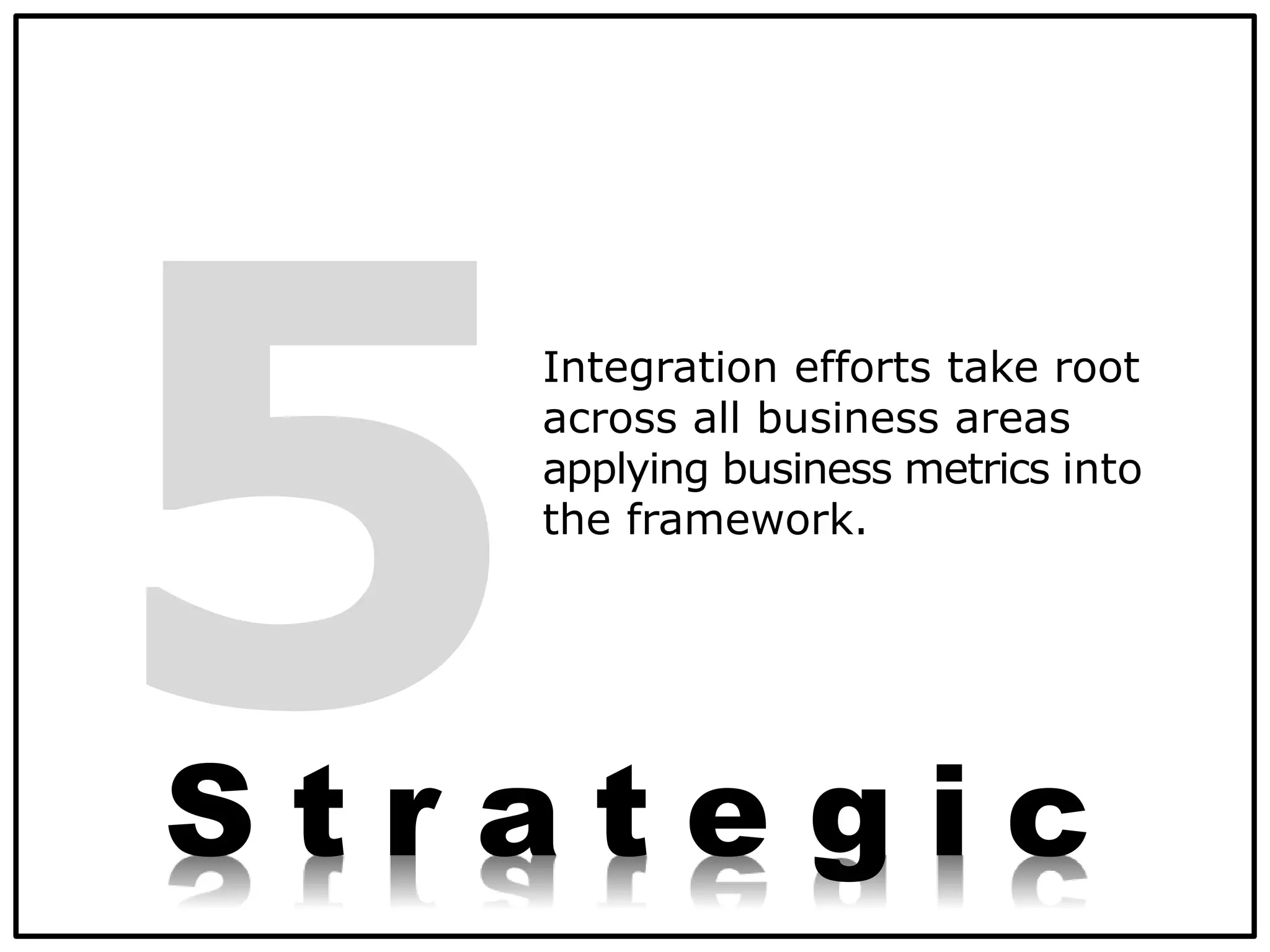 Integration efforts take root
across all business areas
applying business metrics into
the framework.
S t r a t e g i c
 