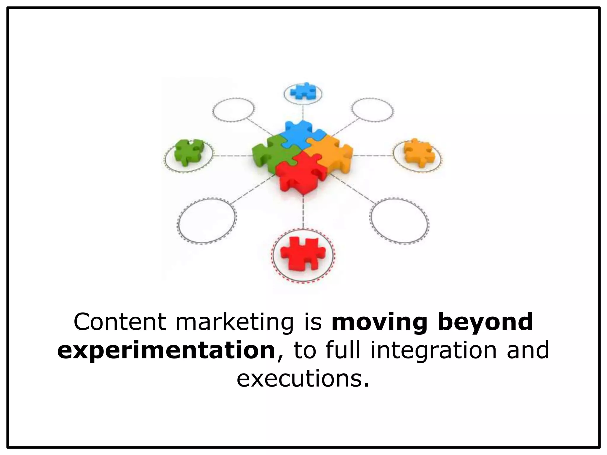 Content marketing is moving beyond
experimentation, to full integration and
executions.
 