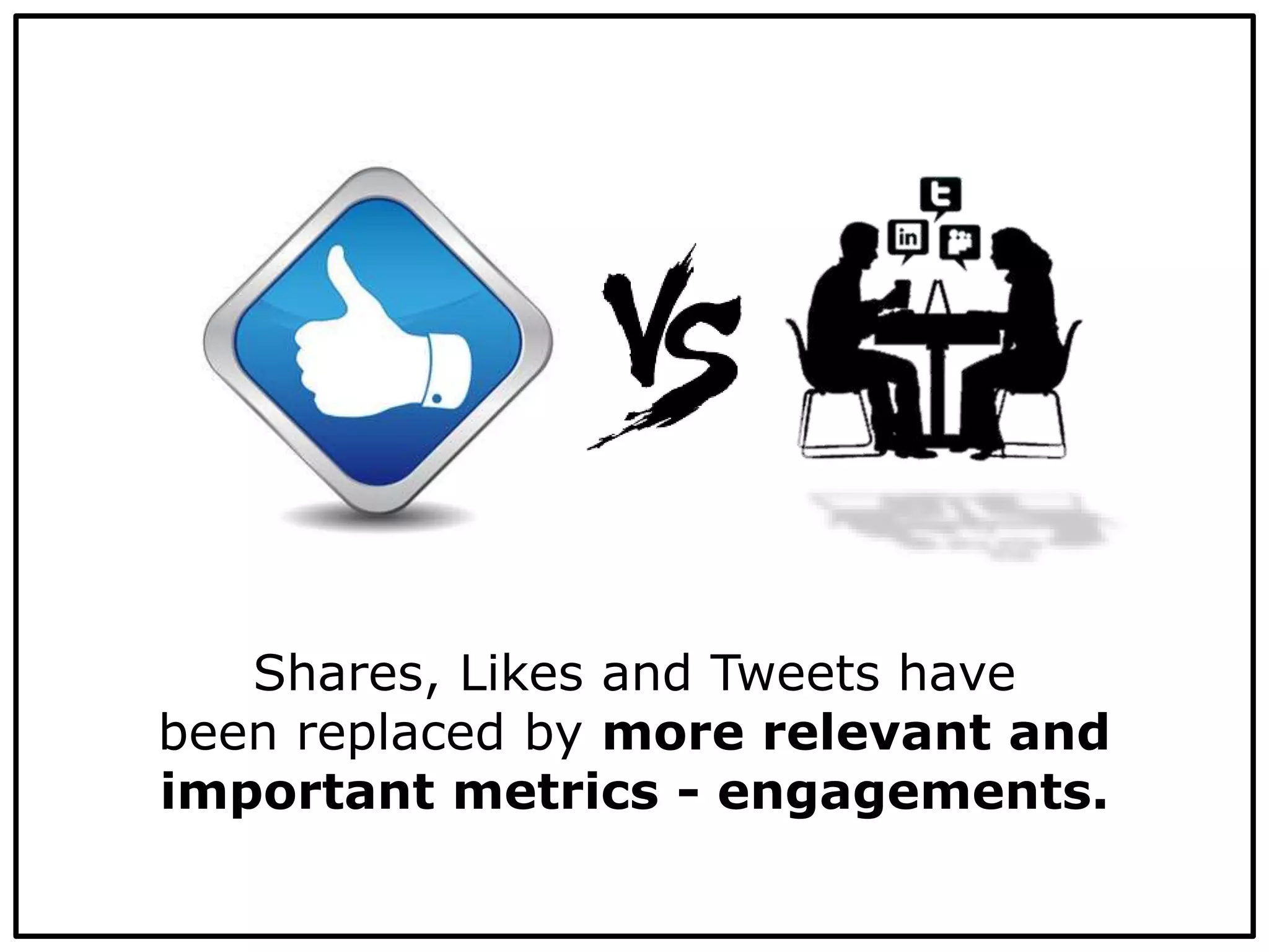 Shares, Likes and Tweets have
been replaced by more relevant and
important metrics - engagements.
 