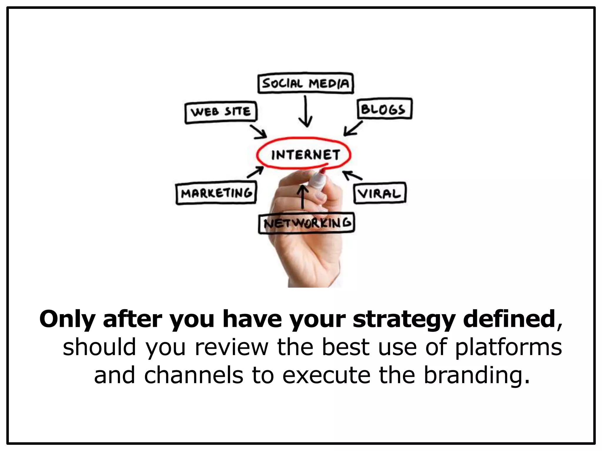 Only after you have your strategy defined,
should you review the best use of platforms
and channels to execute the branding.
 