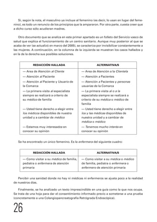 Si, según la nota, el masculino ya incluye al femenino (es decir, lo usan en lugar del feme-nino), 
es todo un renuncio de los principios que la ampararon. Por otra parte, cuesta creer que 
a dicho curso sólo acudieran madres. 
Otro documento que se analiza en este primer apartado es un folleto del Servicio vasco de 
salud que explica el funcionamiento de un centro sanitario. Aunque muy posterior al que se 
acaba de ver (se actualizó en marzo del 2005), se caracteriza por invisibilizar constantemente a 
las mujeres. A continuación, en la columna de la izquierda se muestran los casos hallados y 
en la de la derecha sus posibles soluciones. 
26 
REDACCIÓN HALLADA ALTERNATIVA/S 
— Area de Atención al Cliente — Area de Atención a la Clientela 
— Atención al Paciente — Atención a Pacientes 
— Atención al Paciente y Usuariode — Atención a Pacientes y personas 
la Comarca usuarias de la Comarca 
— La primera visita al especialista — La primera visita al o a la 
siempre se realizará a criterio de especialista siempre se realizará a 
su médico de familia criterio de su médica o médico de 
familia 
— Usted tiene derecho a elegir entre — Usted tiene derecho a elegir entre 
los médicos disponibles de nuestra los y las médicas disponibles de 
unidad y a cambiar de médico nuestra unidad y a cambiar de 
médica o médico 
— Estamos muy interesadosen — Tenemos mucho interés en 
conocer su opinión conocer su opinión 
Se ha encontrado un único femenino. Es la enfermera del siguiente cuadro: 
REDACCIÓN HALLADA ALTERNATIVA/S 
— Como visitar a su médico de familia, — Como visitar a su médica o médico 
pediatra o enfermera de atención de familia, pediatra o enfermera o 
primaria enfermero de atención primaria 
Percibir una sanidad donde no hay ni médicas ni enfermeros se ajusta poco a la realidad 
de nuestros días. 
Finalmente, se ha analizado un texto imprescindible en una guía como la que nos ocupa. 
Se trata de una hoja para dar el consentimiento informado previo a someterse a una prueba 
(concretamente a una Colangiopancreatografía Retrógrada Endoscópica). 
 