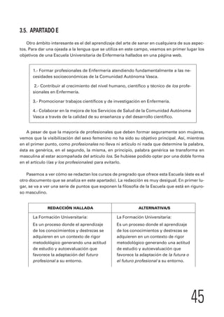45 
3.5. APARTADO E 
Otro ámbito interesante es el del aprendizaje del arte de sanar en cualquiera de sus aspec-tos. 
Para dar una ojeada a la lengua que se utiliza en este campo, veamos en primer lugar los 
objetivos de una Escuela Universitaria de Enfermería hallados en una página web. 
1.- Formar profesionales de Enfermería atendiendo fundamentalmente a las ne-cesidades 
socioeconómicas de la Comunidad Autónoma Vasca. 
2.- Contribuir al crecimiento del nivel humano, científico y técnico de los profe-sionales 
en Enfermería. 
3.- Promocionar trabajos científicos y de investigación en Enfermería. 
4.- Colaborar en la mejora de los Servicios de Salud de la Comunidad Autónoma 
Vasca a través de la calidad de su enseñanza y del desarrollo científico. 
A pesar de que la mayoría de profesionales que deben formar seguramente son mujeres, 
vemos que la visibilización del sexo femenino no ha sido su objetivo principal. Así, mientras 
en el primer punto, como profesionales no lleva ni artículo ni nada que determine la palabra, 
ésta es genérica, en el segundo, la misma, en principio, palabra genérica se transforma en 
masculina al estar acompañada del artículo los. Se hubiese podido optar por una doble forma 
en el artículo (las y los profesionales) para evitarlo. 
Pasemos a ver cómo se redactan los cursos de pregrado que ofrece esta Escuela (éste es el 
otro documento que se analiza en este apartado). La redacción es muy desigual. En primer lu-gar, 
se va a ver una serie de puntos que exponen la filosofía de la Escuela que está en riguro-so 
masculino. 
REDACCIÓN HALLADA ALTERNATIVA/S 
La Formación Universitaria: La Formación Universitaria: 
Es un proceso donde el aprendizaje Es un proceso donde el aprendizaje 
de los conocimientos y destrezas se de los conocimientos y destrezas se 
adquieren en un contexto de rigor adquieren en un contexto de rigor 
metodológico generando una actitud metodológico generando una actitud 
de estudio y autoevaluación que de estudio y autoevaluación que 
favorece la adaptación del futuro favorece la adaptación de la futura o 
profesional a su entorno. el futuro profesional a su entorno. 
 