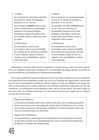 La Salud: La Salud: 
Es la percepción del propio individuo Es la percepción de la propia persona 
acerca de su estado de bienestar y acerca de su estado de bienestar y 
equilibrio en su entorno. equilibrio en su entorno. 
Se considera HOMBRE como un ser Se considera EL SER HUMANO como 
único e individual con necesidades un ser único e individual con 
básicas en las áreas biológica, necesidades básicas en las áreas 
psicológica, espiritual, social y libre biológica, psicológica, espiritual, 
para decidir, actuar y responder ante social y libre para decidir, actuar y 
su salud. responder ante su salud. 
La Enfermería: La Enfermería: 
Es la profesión cuya función Es la profesión cuya función 
primordial y valor social es CUIDAR primordial y valor social es CUIDAR 
de la Salud de los individuos, familias de la Salud de las personas, familias 
o comunidades, desde el máximo o comunidades, desde el máximo 
respeto a sus necesidades y valores respeto a sus necesidades y valores 
socioculturales. socioculturales. 
Sorprende la rotunda utilización de la expresión hombre, ya que cada vez pierde más te-rreno 
en cualquier ámbito para representar a la humanidad. Al margen de ello, se puede ver 
que los problemas que presenta son fácilmente subsanables. 
Si se sigue analizando partes de este documento, se puede constatar que en su redacción 
han intervenido manos distintas, puesto que si se va al apartado de organización, vemos que 
en él sí se ha contemplado la existencia de las mujeres y se las ha reflejado en la lengua (se 
verá un solo masculino en toda la selección: los miembros, fácilmente sustituible por las y los 
miembros). La visibilización se ha realizado a partir del uso de las barras. De todos modos, la 
forma en como se manejan las barras en el documento es particular, puesto que no siempre 
se usan del mismo modo. 
Órganos de Gobierno: 
La Escuela tiene fijados diferentes niveles de decisión, para la adecuada gestión 
de los recursos que se le han asignado, siendo éstos: El Patronato como el má-ximo 
46 
órgano que tiene encomendado el gobierno y la administración de la mis-ma, 
la Junta de Escuela y su Director/a. 
Órganos de Participación: 
La representación y participación de los miembros que componen la Escuela, 
se garantiza a través de los Delegados/as de cursos, las Comisiones asesoras o 
de apoyo y el Claustro de Profesores/as. 
 
