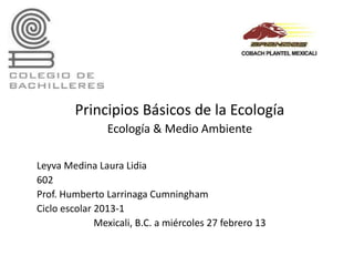 Principios Básicos de la Ecología
                Ecología & Medio Ambiente

Leyva Medina Laura Lidia
602
Prof. Humberto Larrinaga Cumningham
Ciclo escolar 2013-1
              Mexicali, B.C. a miércoles 27 febrero 13
 