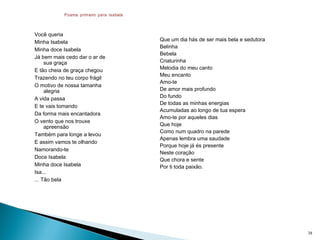 Você queria
Minha Isabela
Minha doce Isabela
Já bem mais cedo dar o ar de
sua graça
E tão cheia de graça chegou
Trazendo no teu corpo frágil
O motivo de nossa tamanha
alegria
A vida passa
E te vais tomando
Da forma mais encantadora
O vento que nos trouxe
apreensão
Também para longe a levou
E assim vamos te olhando
Namorando-te
Doce Isabela
Minha doce Isabela
Isa...
... Tão bela
38
Que um dia hás de ser mais bela e sedutora
Belinha
Bebela
Criaturinha
Melodia do meu canto
Meu encanto
Amo-te
De amor mais profundo
Do fundo
De todas as minhas energias
Acumuladas ao longo de tua espera
Amo-te por aqueles dias
Que hoje
Como num quadro na parede
Apenas lembra uma saudade
Porque hoje já és presente
Neste coração
Que chora e sente
Por ti toda paixão.
 