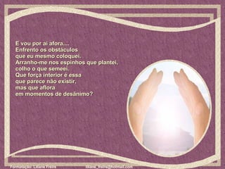E vou por aí afora....  Enfrento os obstáculos  que eu mesmo coloquei.  Arranho-me nos espinhos que plantei,  colho o que semeei.  Que força interior é essa  que parece não existir,  mas que aflora  em momentos de desânimo?  