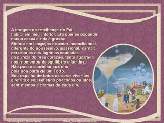 A imagem e semelhança do Pai  habita em meu interior. Ela quer se expandir,  mas a casca ainda é grossa.  Sinto-a em lampejos de amor incondicional,  diferente do possessivo, passional, carnal;  percebo-as nas lágrimas roubadas  da dureza do meu coração, tento agarrá-la  nos momentos de equilíbrio e lucidez.  Não posso caminhar sozinho,  pois sou parte de um Todo.  Sou espelho de todos os seres viventes  e reflito e sou refletido por todos os atos,  sentimentos e dramas de cada um.  