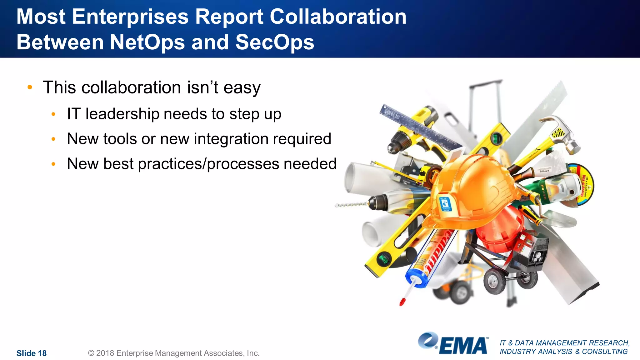 IT & DATA MANAGEMENT RESEARCH,
INDUSTRY ANALYSIS & CONSULTING
Most Enterprises Report Collaboration
Between NetOps and SecOps
• This collaboration isn’t easy
• IT leadership needs to step up
• New tools or new integration required
• New best practices/processes needed
Slide 18 © 2018 Enterprise Management Associates, Inc.
 