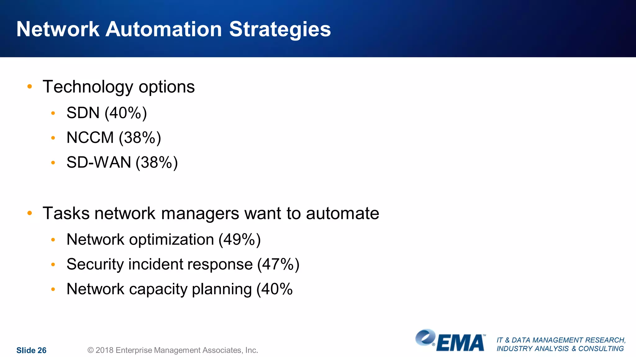 IT & DATA MANAGEMENT RESEARCH,
INDUSTRY ANALYSIS & CONSULTING
Network Automation Strategies
• Technology options
• SDN (40%)
• NCCM (38%)
• SD-WAN (38%)
• Tasks network managers want to automate
• Network optimization (49%)
• Security incident response (47%)
• Network capacity planning (40%
Slide 26 © 2018 Enterprise Management Associates, Inc.
 