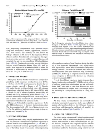0.083, respectively, compared with $10 cGy/min (8). Under-
lying renal insufﬁciency, diabetes, hypertension, liver dis-
ease, heart disease, and smoking can also reduce the
kidney’s tolerance to RT; however, the magnitude of these
effects is unclear. Animal models have suggested that angio-
tensin-converting enzyme inhibitors, dexamethasone, and
acetylsalicylic acid can prevent and treat RT-induced kidney
injury (28–30). Angiotensin-converting enzyme inhibitors
improve non–RT-associated kidney failure (31) and, re-
cently, were suggested in a randomized trial to reduce the
incidence of nephropathy or hemolytic uremic syndrome
(3.7% vs. 15%, p = .1) after TBI (32).
6. PREDICTIVE MODELS
The Lyman-Burman-Kutcher normal tissue complication
probability model parameters (median toxic dose, 28 Gy,
n = 0.70, m = 0.10) (33) have been used to describe the tol-
erance estimates reported by Emami et al. (9). Cassady
(10) pooled the data on bilateral whole kidney RT tolerance
and conﬁrmed a threshold dose for RT injury of 15 Gy with
a 5% and 50% risk of injury at 5 years for whole-kidney RT
of 18 Gy and 28 Gy, respectively, within 5 weeks (Fig. 2). It
has been demonstrated that greater doses can be safely deliv-
ered to partial kidney volumes (9, 34). Quantitative data to
support more reﬁned models are not available.
Cheng et al. (8) found a less steep dose response (m = 0.26)
after TBI (median dose, 12 Gy in six fractions twice daily).
The dose associated with a 5% risk of kidney toxicity was
9.8 Gy. The addition of nephrotoxic drugs made the dose–re-
sponse curve steeper (Fig. 1).
7. SPECIAL SITUATIONS
The response of the kidney is highly dependent on the frac-
tion size; therefore, extrapolation of previous experience to
different fraction sizes can be problematic (35–38). One hy-
pothesis is that nearly complete sparing of a substantial vol-
ume of the kidney should be associated with compensatory
effects and preservation of renal function, despite the deliv-
ery of focal high doses. Symptomatic kidney injury has not
been reported after potent doses of stereotactic body radio-
therapy; however, elevations in creatinine have been ob-
served 52 months after renal stereotactic body radiotherapy
(SBRT) (39). Follow-up of long-term survivors from these
series is required to determine the kidney’s and collecting
system’s tolerance to SBRT.
Few of the published reports on kidney tolerance have
focused on intensity-modulated RT (IMRT), and the effects
of different spatial dose distributions are not well estab-
lished. IMRT often leads to a low dose delivered to a larger
volume compared with simpler plans, which might reduce
the possibility of a compensatory increase in kidney func-
tion.
8. DOSE–VOLUME RECOMMENDATIONS
All dose–volume recommendations are associated with
substantial uncertainty, because few studies are available of
patients who have been followed for $10 years. However,
some broad guidelines can be useful and will hopefully be
tested in future studies (Table 5 and Fig. 3).
9. AREAS FOR FUTURE STUDY
The kidney partial tolerance to RT is largely unknown and
deserves more study. Collaborative prospective studies are
needed, with collection of dose–volume histogram and spa-
tial dose data, along with serial long-term objective outcome
assessments. The baseline clinical kidney function and co-
morbidities need to be documented, along with the use of
Fig. 2. Dose–response curve for symptomatic kidney injury after
non–total body irradiation of bilateral kidneys. Note, y axis is different
from than that in Fig. 1. Data from review from Cassady et al. (10). Fig. 3. Composite schematic of combined kidney dose–volume
histogram of data from Tables 4 and 5, represented as regions
associated with minimal (5%), low ($5%), moderate-to-high
($5–30%), high ($30%), or undocumented estimated toxicity risks.
Clinical experience that yielded risk estimates for each region also
indicated. Actual risks associated with using each region on its
own or regions in combination are plan-speciﬁc and associated
with substantial uncertainty.
S112 I. J. Radiation Oncology d Biology d Physics Volume 76, Number 3, Supplement, 2010
 