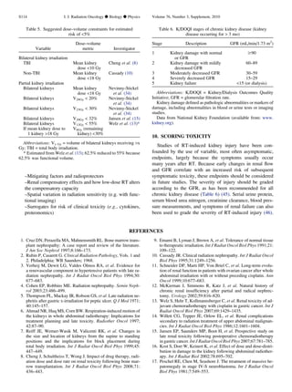 –Mitigating factors and radioprotectors
–Renal compensatory effects and how low-dose RT alters
the compensatory capacity
–Spatial variation in radiation sensitivity (e.g. with func-
tional imaging)
–Surrogates for risk of clinical toxicity (e.g., cytokines,
proteonomics)
10. SCORING TOXICITY
Studies of RT-induced kidney injury have been con-
founded by the use of variable, most often asymptomatic,
endpoints, largely because the symptoms usually occur
many years after RT. Because early changes in renal ﬂow
and GFR correlate with an increased risk of subsequent
symptomatic toxicity, these endpoints should be considered
in future studies. The severity of injury should be graded
according to the GFR, as has been recommended for all
chronic kidney disease (Table 6) (45). Serial urine protein,
serum blood urea nitrogen, creatinine clearance, blood pres-
sure measurements, and symptoms of renal failure can also
been used to grade the severity of RT-induced injury (46).
REFERENCES
1. Cruz DN, Perazella MA, Mahnensmith RL. Bone marrow trans-
plant nephropathy: A case report and review of the literature.
J Am Soc Nephrol 1997;8:166–173.
2. Rubin P, Casarett G. Clinical Radiation Pathology, Vols. 1 and
2. Philadelphia: WB Saunders; 1968.
3. Verheij M, Dewit LG, Valdes Olmos RA, et al. Evidence for
a renovascular component in hypertensive patients with late ra-
diation nephropathy. Int J Radiat Oncol Biol Phys 1994;30:
677–683.
4. Cohen EP, Robbins ME. Radiation nephropathy. Semin Neph-
rol 2003;23:486–499.
5. Thompson PL, Mackay IR, Robson GS, et al. Late radiation ne-
phritis after gastric x-irradiation for peptic ulcer. Q J Med 1971;
40:145–157.
6. Ahmad NR, Huq MS, Corn BW. Respiration-induced motion of
the kidneys in whole abdominal radiotherapy: Implications for
treatment planning and late toxicity. Radiother Oncol 1997;
42:87–90.
7. Reiff JE, Werner-Wasik M, Valicenti RK, et al. Changes in
the size and location of kidneys from the supine to standing
positions and the implications for block placement during
total body irradiation. Int J Radiat Oncol Biol Phys 1999;45:
447–449.
8. Cheng J, Schultheiss T, Wong J. Impact of drug therapy, radi-
ation dose and dose rate on renal toxicity following bone mar-
row transplantation. Int J Radiat Oncol Biol Phys 2008;71:
436–443.
9. Emami B, Lyman J, Brown A, et al. Tolerance of normal tissue
to therapeutic irradiation. Int J Radiat Oncol Biol Phys 1991;21:
109–122.
10. Cassady JR. Clinical radiation nephropathy. Int J Radiat Oncol
Biol Phys 1995;31:1249–1256.
11. Schneider DP, Marti HP, Von Briel C, et al. Long-term evolu-
tion of renal function in patients with ovarian cancer after whole
abdominal irradiation with or without preceding cisplatin. Ann
Oncol 1999;10:677–683.
12. McKiernan J, Simmons R, Katz J, et al. Natural history of
chronic renal insufﬁciency after partial and radical nephrec-
tomy. Urology 2002;59:816–820.
13. Welz S, Hehr T, Kollmannsberger C, et al. Renal toxicity of ad-
juvant chemoradiotherapy with cisplatin in gastric cancer. Int J
Radiat Oncol Biol Phys 2007;69:1429–1435.
14. Willett CG, Tepper JE, Orlow EL, et al. Renal complications
secondary to radiation treatment of upper abdominal malignan-
cies. Int J Radiat Oncol Biol Phys 1986;12:1601–1604.
15. Jansen EP, Saunders MP, Boot H, et al. Prospective study on
late renal toxicity following postoperative chemoradiotherapy
in gastric cancer. Int J Radiat Oncol Biol Phys 2007;67:781–785.
16. Kost S, Dorr W, Keinert K, et al. Effect of dose and dose-distri-
bution in damage to the kidney following abdominal radiother-
apy. Int J Radiat Biol 2002;78:695–702.
17. Peschel RE, Chen M, Seashore J. The treatment of massive he-
patomegaly in stage IV-S neuroblastoma. Int J Radiat Oncol
Biol Phys 1981;7:549–553.
Table 5. Suggested dose–volume constraints for estimated
risk of 5%
Variable
Dose–volume
metric Investigator
Bilateral kidney irradiation
TBI Mean kidney
dose 10 Gy
Cheng et al. (8)
Non-TBI Mean kidney
dose 18 Gy
Cassady (10)
Partial kidney irradiation
Bilateral kidneys Mean kidney
dose 18 Gy
Nevinny-Stickel
et al. (34)
Bilateral kidneys V28Gy  20% Nevinny-Stickel
et al. (34)
Bilateral kidneys V23Gy  30% Nevinny-Stickel
et al. (34)
Bilateral kidneys V20Gy  32% Jansen et al. (15)
Bilateral kidneys V12Gy  55% Welz et al. (13)*
If mean kidney dose to
1 kidney 18 Gy
V6Gy (remaining
kidney) 30%
Abbreviations: Vx Gy = volume of bilateral kidneys receiving x
Gy; TBI = total body irradiation.
* Estimated from Welz et al. (13); 62.5% reduced to 55% because
62.5% was functional volume.
Table 6. K/DOQI stages of chronic kidney disease (kidney
disease occurring for  3 mo)
Stage Description GFR (mL/min/1.73 m2
)
1 Kidney damage with normal
or GFR
$90
2 Kidney damage with mildly
decreased GFR
60–89
3 Moderately decreased GFR 30–59
4 Severely decreased GFR 15–29
5 Kidney failure 15 (or dialysis)
Abbreviations: K/DOQI = Kidney/Dialysis Outcomes Quality
Initiative; GFR = glomerular ﬁltration rate.
Kidney damage deﬁned as pathologic abnormalities or markers of
damage, including abnormalities in blood or urine tests or imaging
studies.
Data from National Kidney Foundation (available from: www.
kidney.org).
S114 I. J. Radiation Oncology d Biology d Physics Volume 76, Number 3, Supplement, 2010
 
